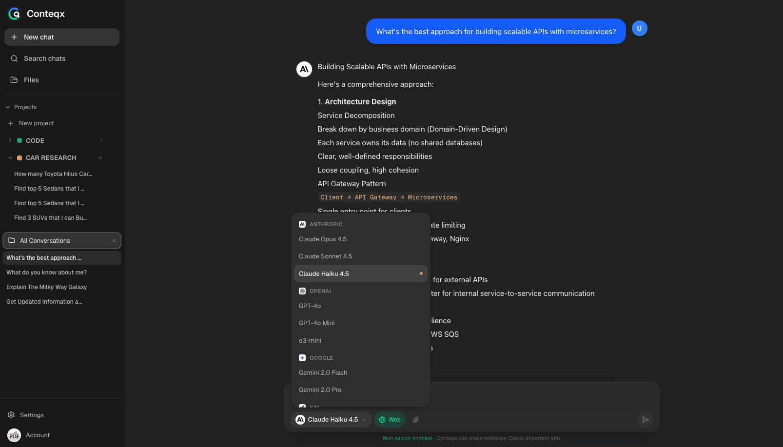 Conteqx unified AI chat interface showing conversation with multiple AI models including ChatGPT, Claude, Gemini, and Grok